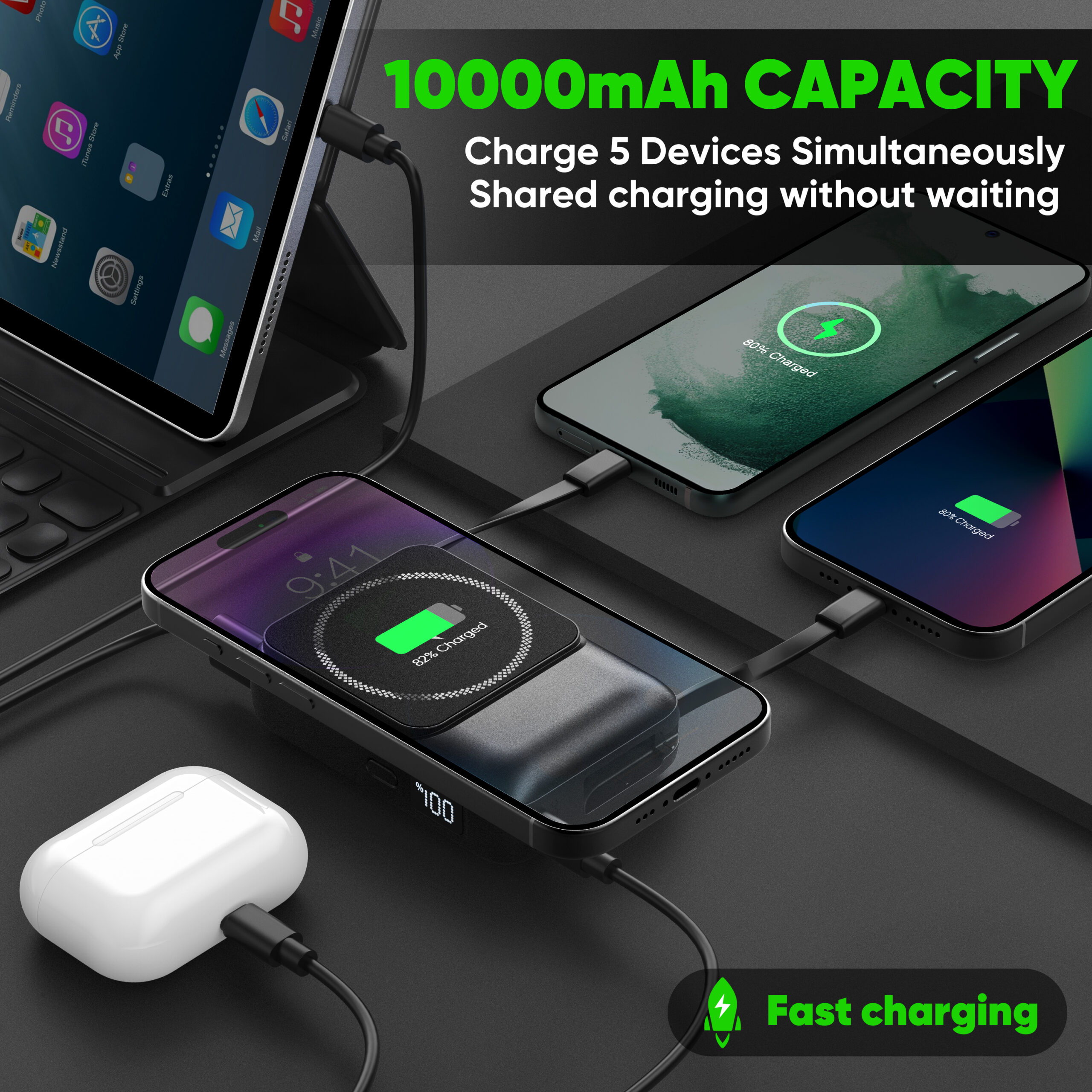 Magnetic Portable Charger, 10000mAh Wireless Power Bank, Travel Battery Pack, LED Display, Build in Cables with 3 Outputs Phone Charger Compatible with Samsung Google Pixel LG Moto iPhone iPad - Image 2