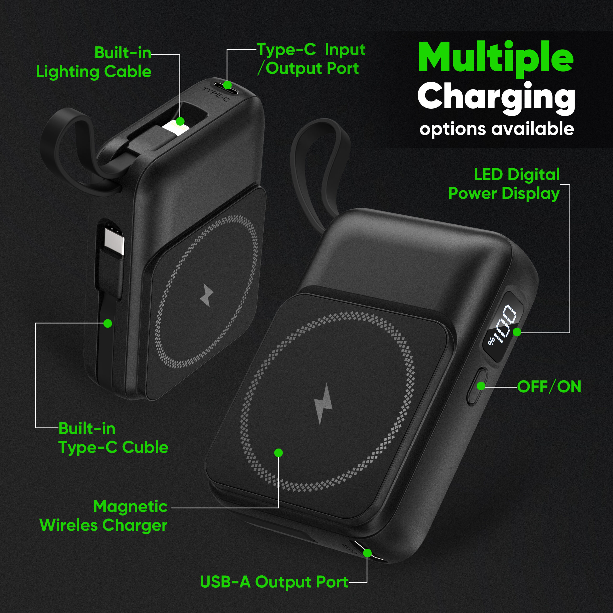 Magnetic Portable Charger, 10000mAh Wireless Power Bank, Travel Battery Pack, LED Display, Build in Cables with 3 Outputs Phone Charger Compatible with Samsung Google Pixel LG Moto iPhone iPad - Image 3