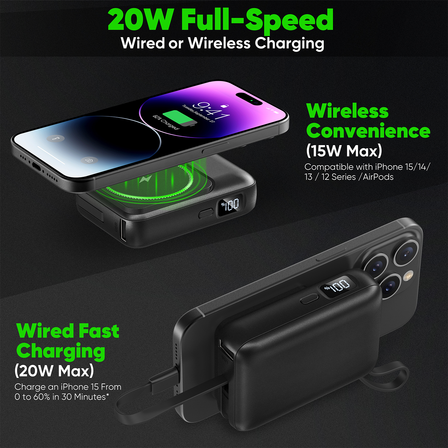 Magnetic Portable Charger, 10000mAh Wireless Power Bank, Travel Battery Pack, LED Display, Build in Cables with 3 Outputs Phone Charger Compatible with Samsung Google Pixel LG Moto iPhone iPad - Image 5